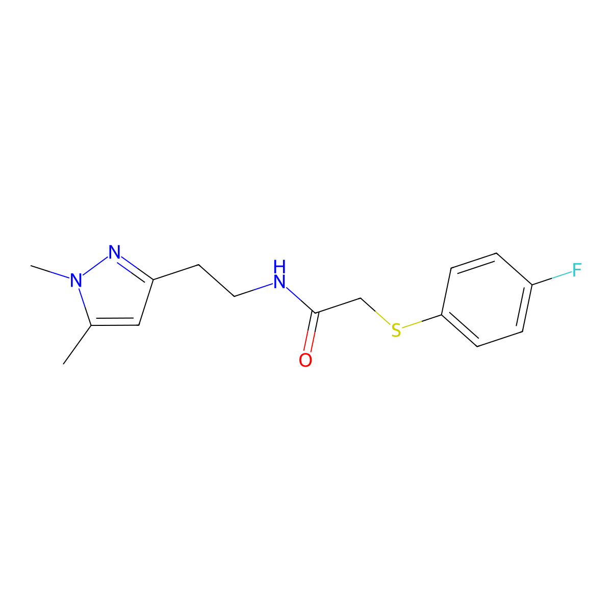N-(2-(1,5-dimethyl-1H-pyrazol-3-yl)ethyl)-2-((4-fluorophenyl)thio)acetamide molecular structure, CAS 2034363-03-4