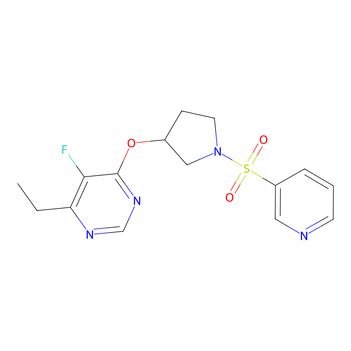 4-Ethyl-5-fluoro-6-((1-(pyridin-3-ylsulfonyl)pyrrolidin-3-yl)oxy)pyrimidine molecular structure, CAS 2034363-04-5