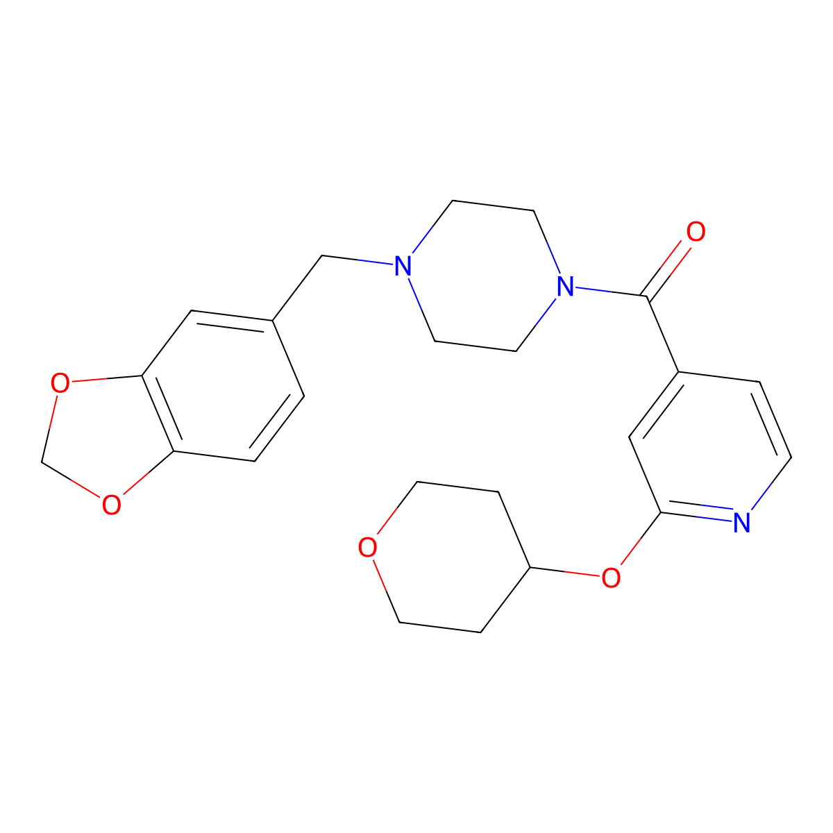 (4-(benzo[d][1,3]dioxol-5-ylmethyl)piperazin-1-yl)(2-((tetrahydro-2H-pyran-4-yl)oxy)pyridin-4-yl)methanone molecular structure, CAS 2034363-09-0