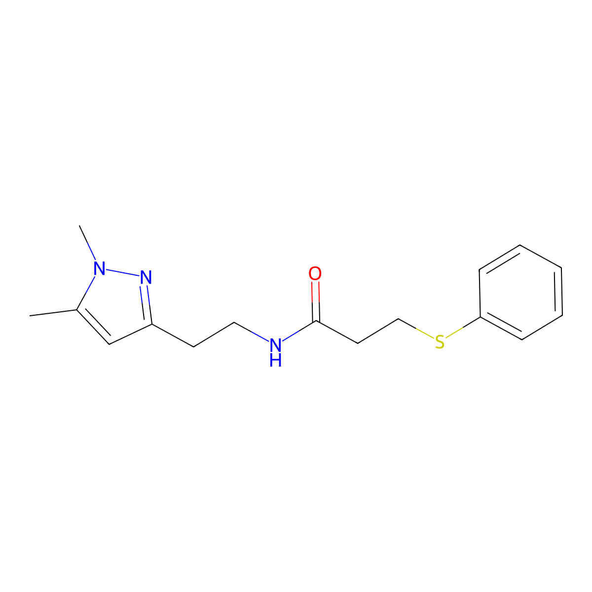N-(2-(1,5-dimethyl-1H-pyrazol-3-yl)ethyl)-3-(phenylthio)propanamide molecular structure, CAS 2034363-10-3