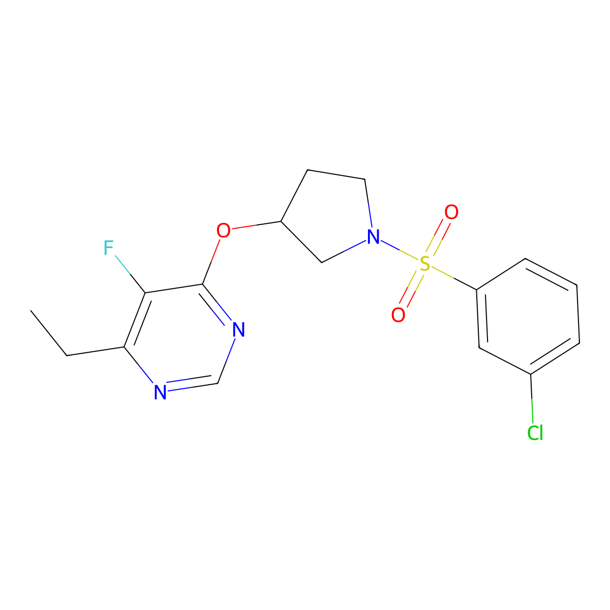 4-((1-((3-Chlorophenyl)sulfonyl)pyrrolidin-3-yl)oxy)-6-ethyl-5-fluoropyrimidine molecular structure, CAS 2034363-20-5