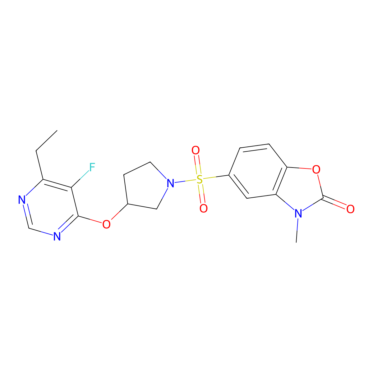 5-((3-((6-ethyl-5-fluoropyrimidin-4-yl)oxy)pyrrolidin-1-yl)sulfonyl)-3-methylbenzo[d]oxazol-2(3H)-one molecular structure, CAS 2034363-31-8