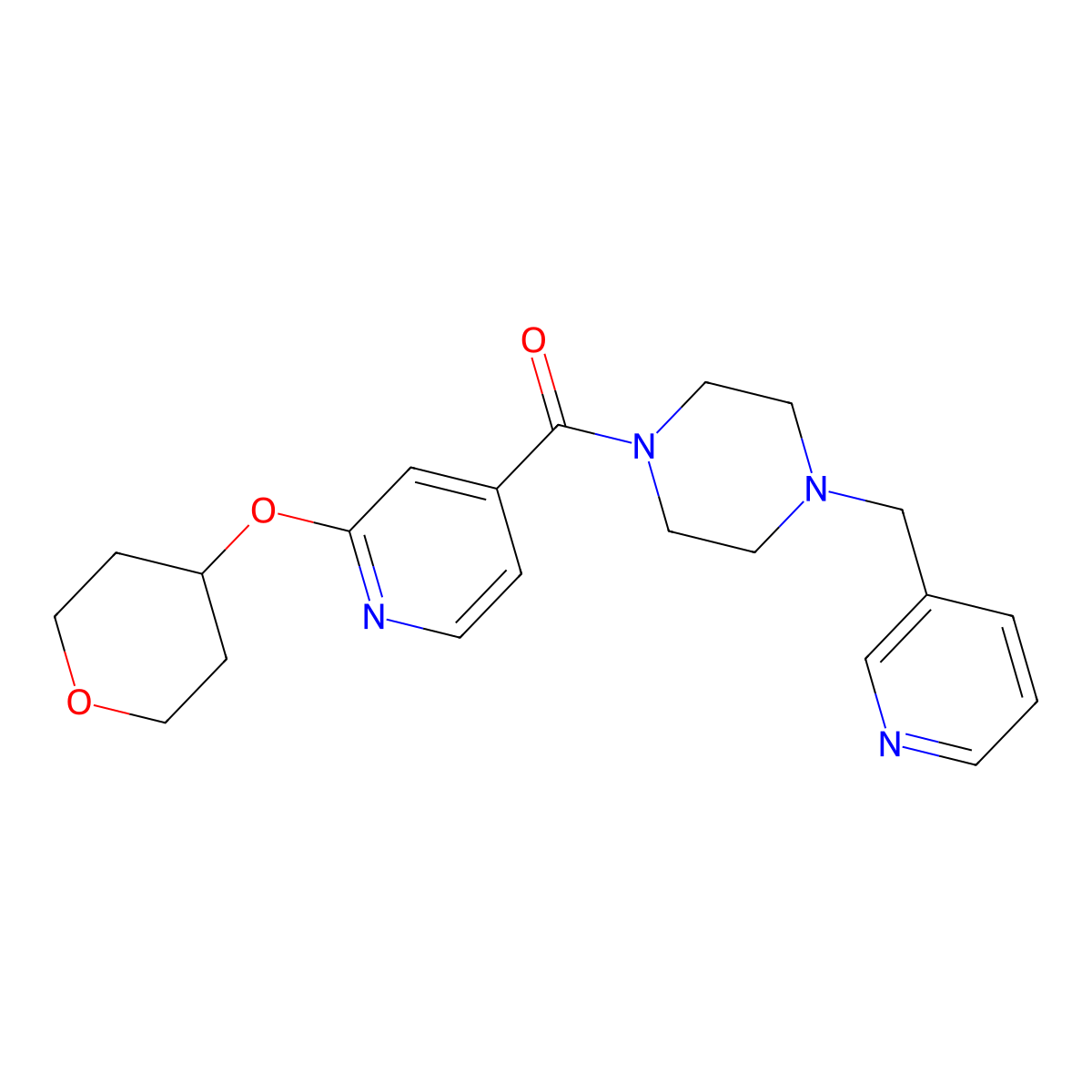 (4-(pyridin-3-ylmethyl)piperazin-1-yl)(2-((tetrahydro-2H-pyran-4-yl)oxy)pyridin-4-yl)methanone molecular structure, CAS 2034363-32-9