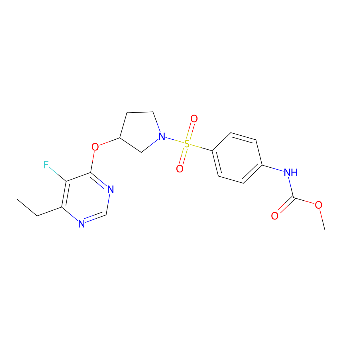 Methyl (4-((3-((6-ethyl-5-fluoropyrimidin-4-yl)oxy)pyrrolidin-1-yl)sulfonyl)phenyl)carbamate molecular structure, CAS 2034363-39-6