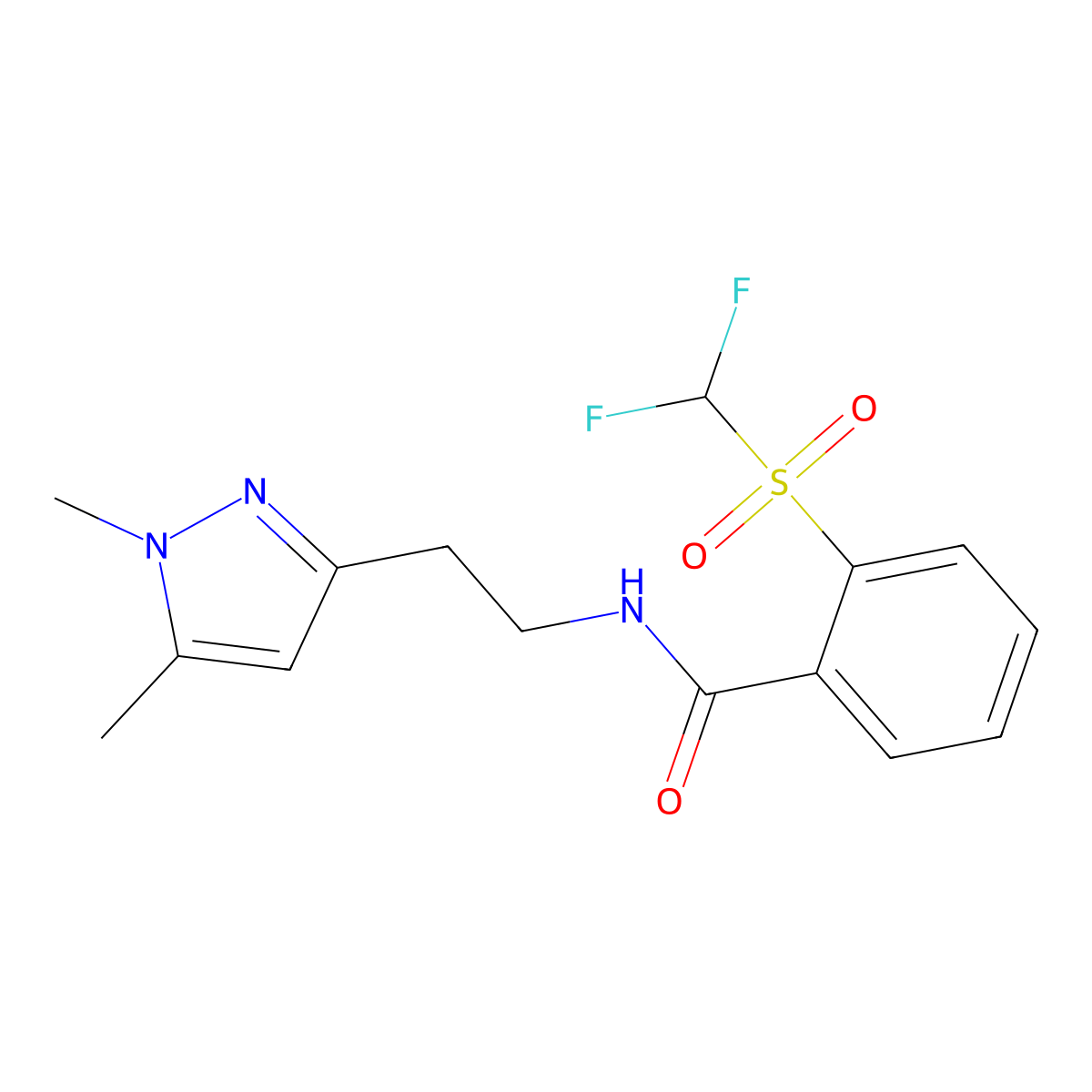 2-((difluoromethyl)sulfonyl)-N-(2-(1,5-dimethyl-1H-pyrazol-3-yl)ethyl)benzamide molecular structure, CAS 2034363-40-9