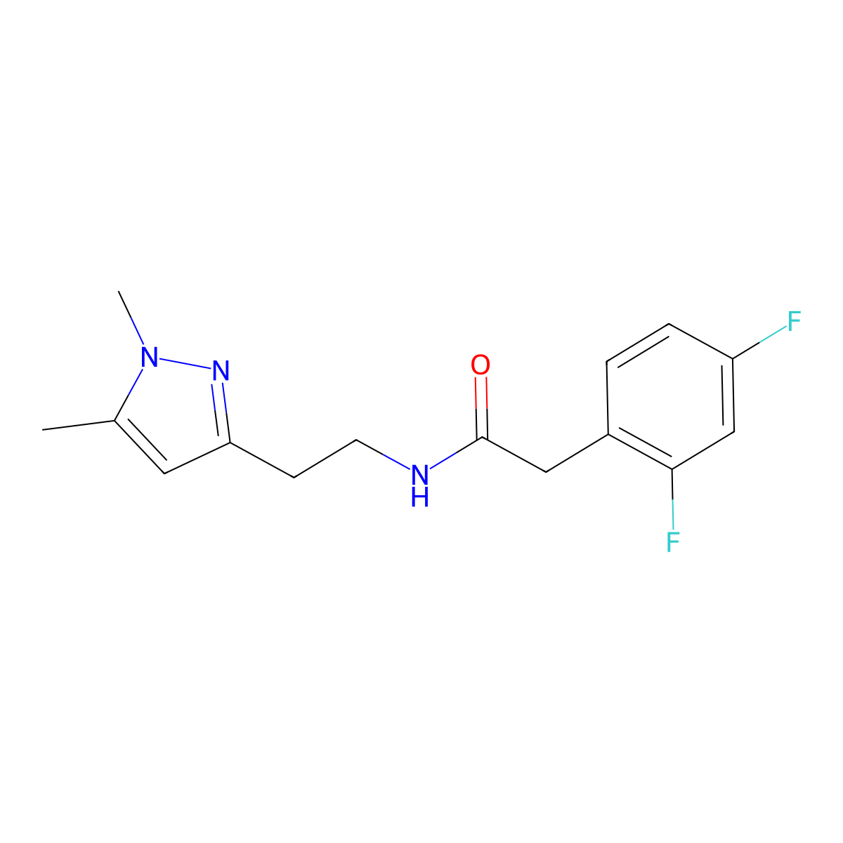 2-(2,4-difluorophenyl)-N-(2-(1,5-dimethyl-1H-pyrazol-3-yl)ethyl)acetamide molecular structure, CAS 2034363-48-7