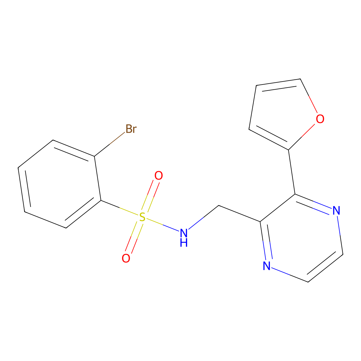 2-bromo-N-((3-(furan-2-yl)pyrazin-2-yl)methyl)benzenesulfonamide molecular structure, CAS 2034363-51-2