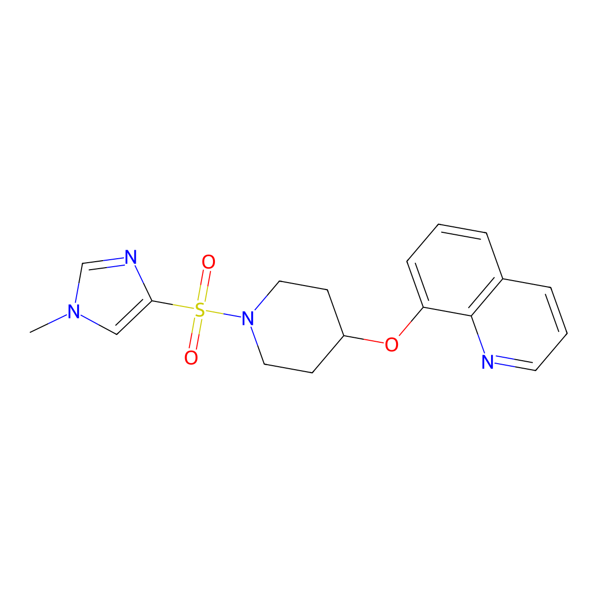 8-({1-[(1-methyl-1H-imidazol-4-yl)sulfonyl]piperidin-4-yl}oxy)quinoline molecular structure, CAS 2034363-59-0