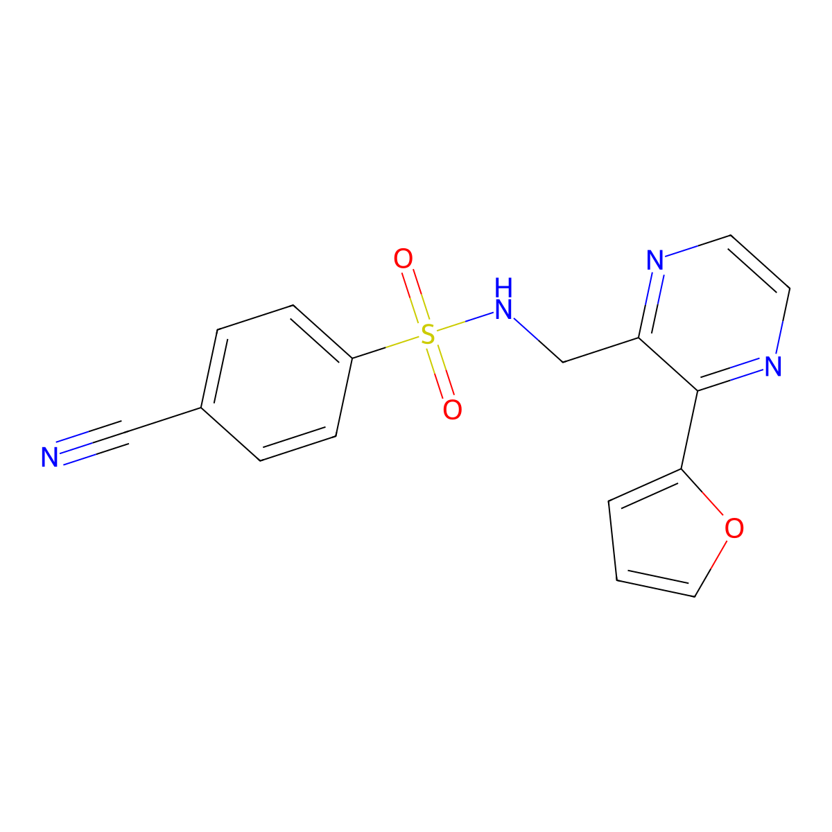 4-cyano-N-((3-(furan-2-yl)pyrazin-2-yl)methyl)benzenesulfonamide molecular structure, CAS 2034363-60-3