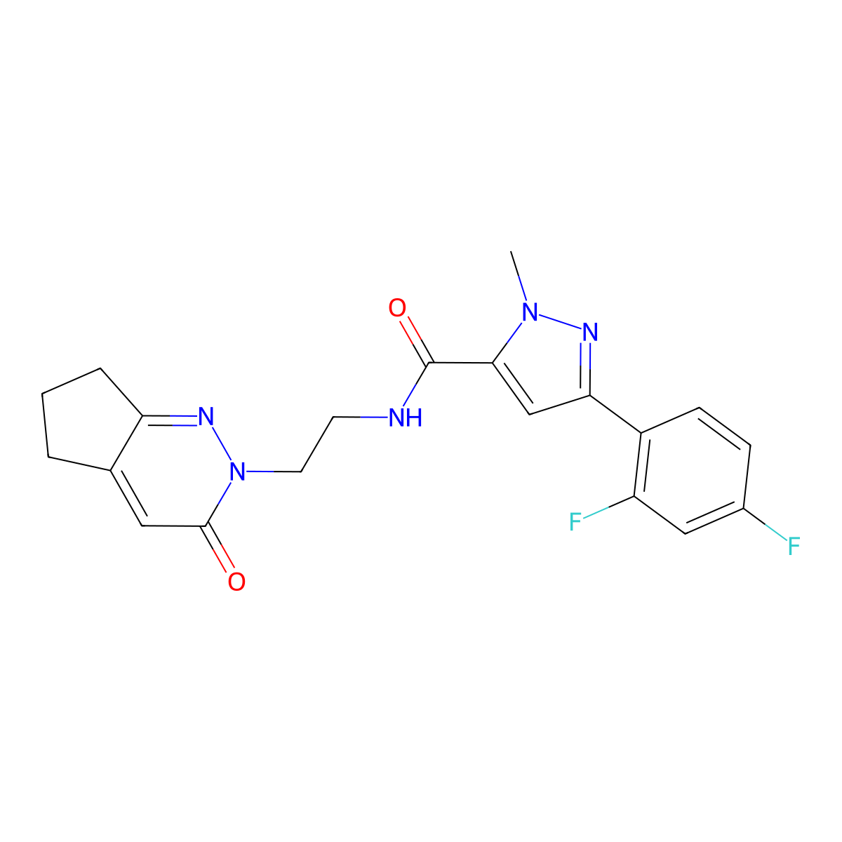 3-(2,4-difluorophenyl)-1-methyl-N-(2-(3-oxo-3,5,6,7-tetrahydro-2H-cyclopenta[c]pyridazin-2-yl)ethyl)-1H-pyrazole-5-carboxamide molecular structure, CAS 2034363-61-4