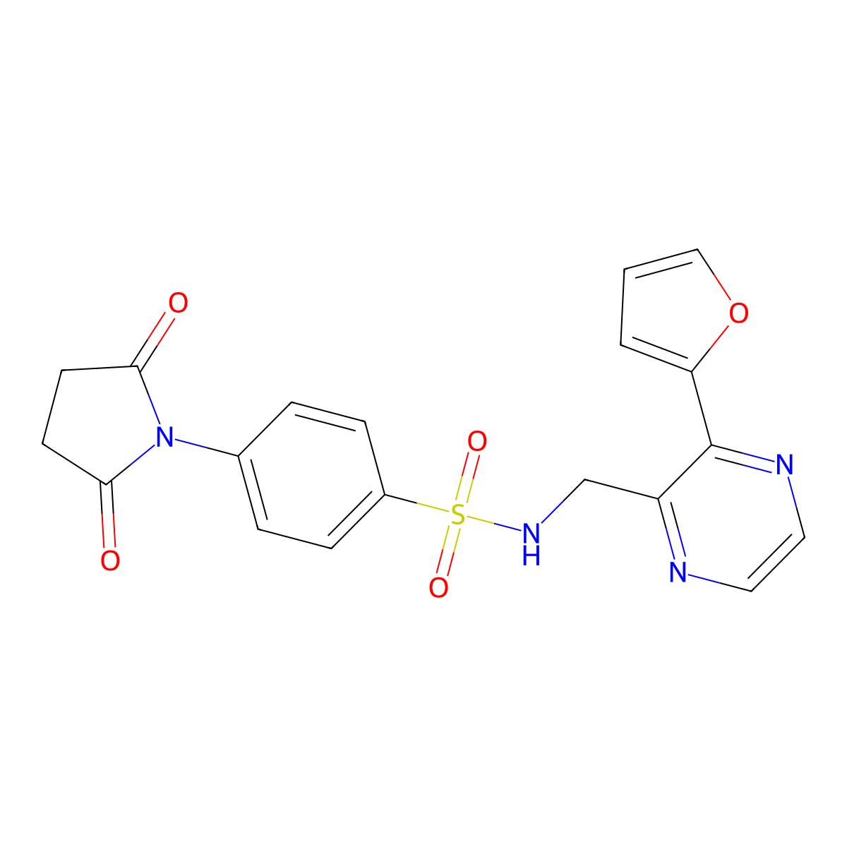 4-(2,5-dioxopyrrolidin-1-yl)-N-((3-(furan-2-yl)pyrazin-2-yl)methyl)benzenesulfonamide molecular structure, CAS 2034363-80-7