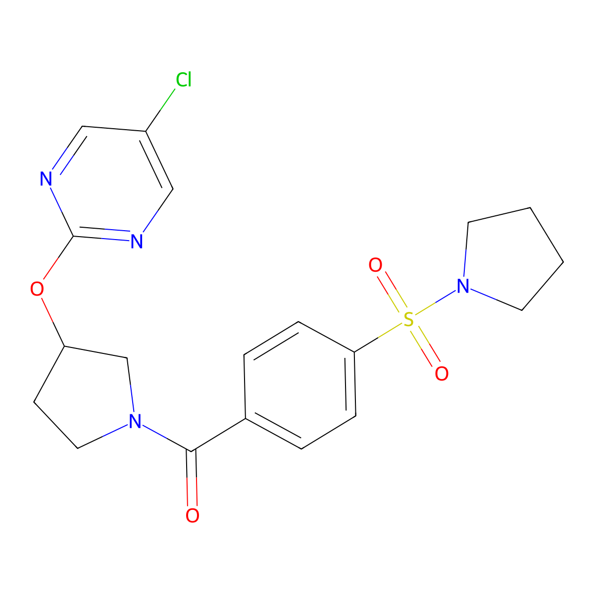 (3-((5-Chloropyrimidin-2-yl)oxy)pyrrolidin-1-yl)(4-(pyrrolidin-1-ylsulfonyl)phenyl)methanone molecular structure, CAS 2034363-85-2