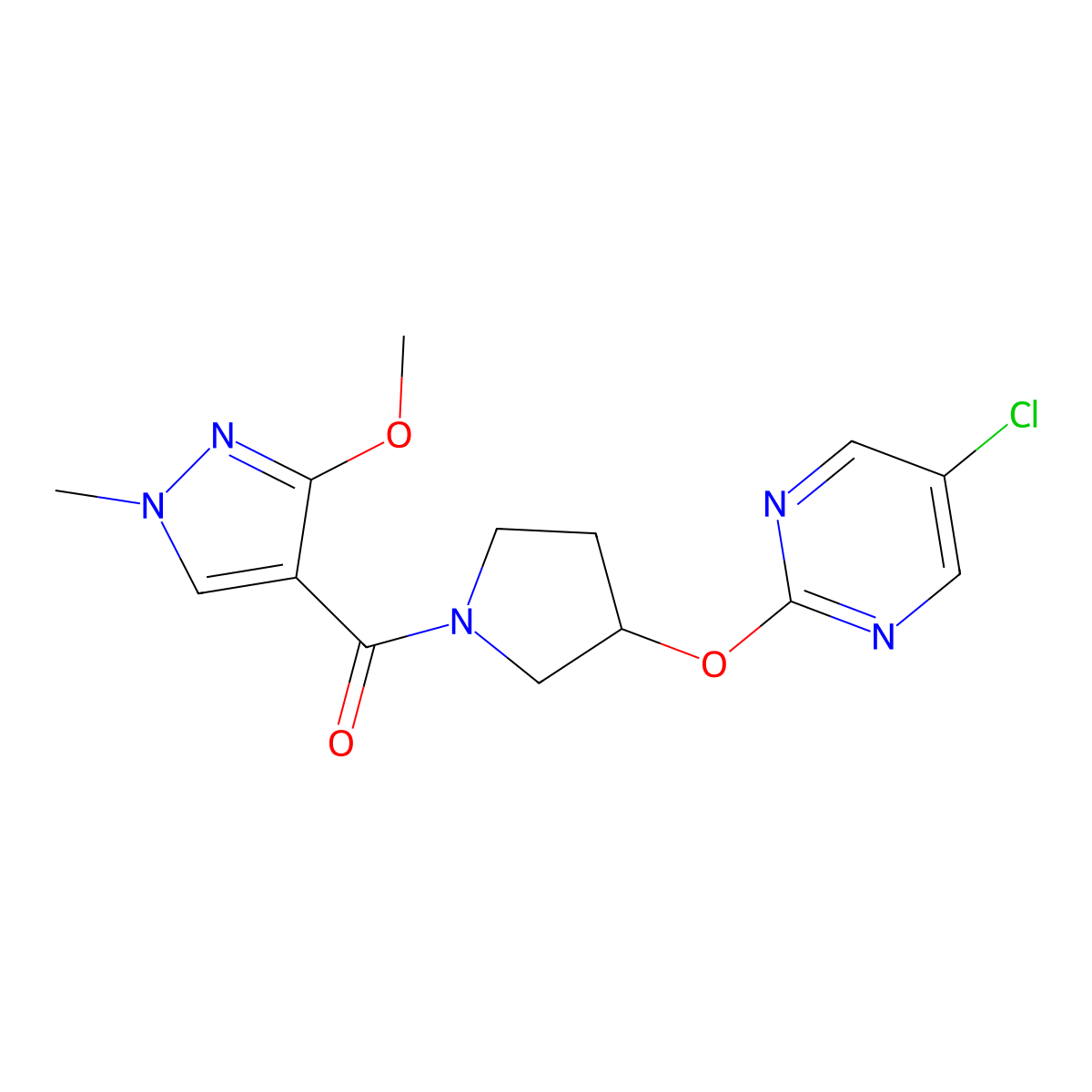 (3-((5-chloropyrimidin-2-yl)oxy)pyrrolidin-1-yl)(3-methoxy-1-methyl-1H-pyrazol-4-yl)methanone molecular structure, CAS 2034363-96-5