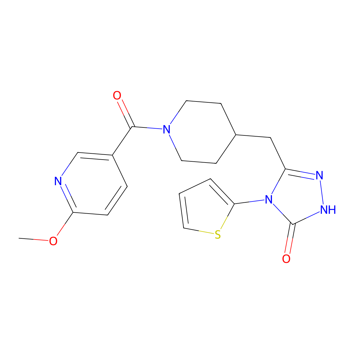 3-((1-(6-methoxynicotinoyl)piperidin-4-yl)methyl)-4-(thiophen-2-yl)-1H-1,2,4-triazol-5(4H)-one molecular structure, CAS 2034363-97-6