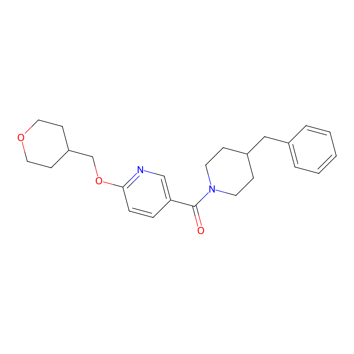 (4-benzylpiperidin-1-yl)(6-((tetrahydro-2H-pyran-4-yl)methoxy)pyridin-3-yl)methanone molecular structure, CAS 2034363-98-7