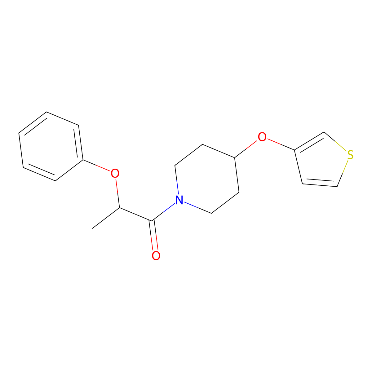 2-Phenoxy-1-(4-(thiophen-3-yloxy)piperidin-1-yl)propan-1-one molecular structure, CAS 2034364-07-1