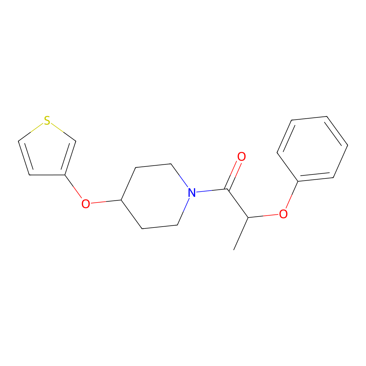 2-Phenoxy-1-(4-(thiophen-3-yloxy)piperidin-1-yl)propan-1-one molecular structure, CAS 2034364-07-1