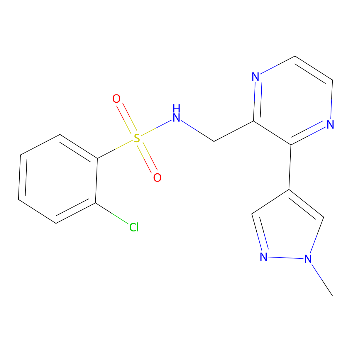 2-chloro-N-((3-(1-methyl-1H-pyrazol-4-yl)pyrazin-2-yl)methyl)benzenesulfonamide molecular structure, CAS 2034364-32-2