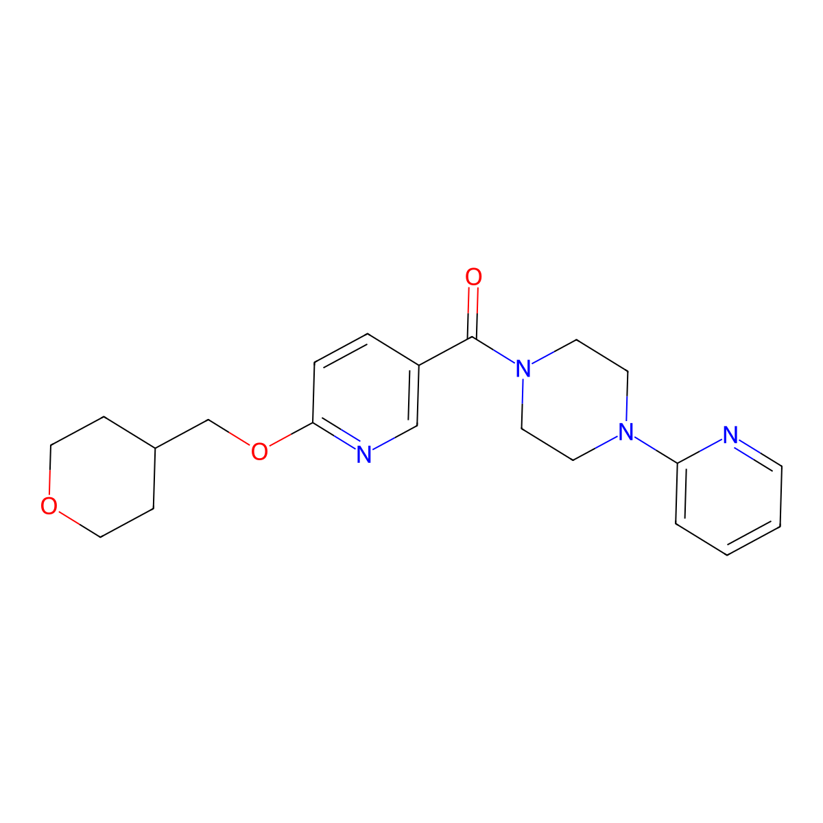 (4-(pyridin-2-yl)piperazin-1-yl)(6-((tetrahydro-2H-pyran-4-yl)methoxy)pyridin-3-yl)methanone molecular structure, CAS 2034364-40-2