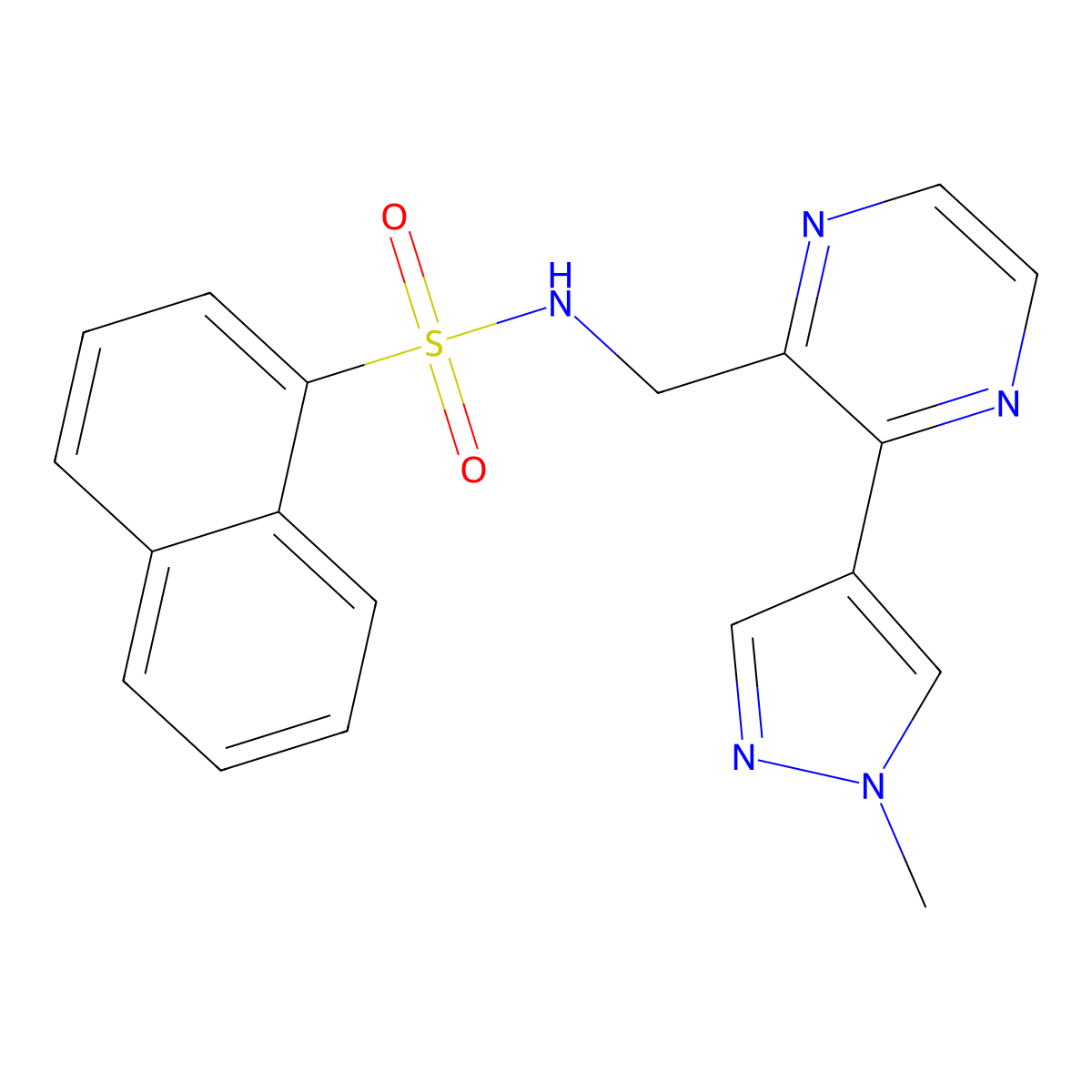 N-((3-(1-methyl-1H-pyrazol-4-yl)pyrazin-2-yl)methyl)naphthalene-1-sulfonamide molecular structure, CAS 2034364-42-4