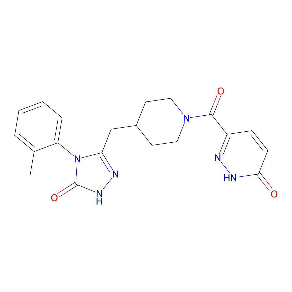 6-(4-((5-oxo-4-(o-tolyl)-4,5-dihydro-1H-1,2,4-triazol-3-yl)methyl)piperidine-1-carbonyl)pyridazin-3(2H)-one molecular structure, CAS 2034364-46-8