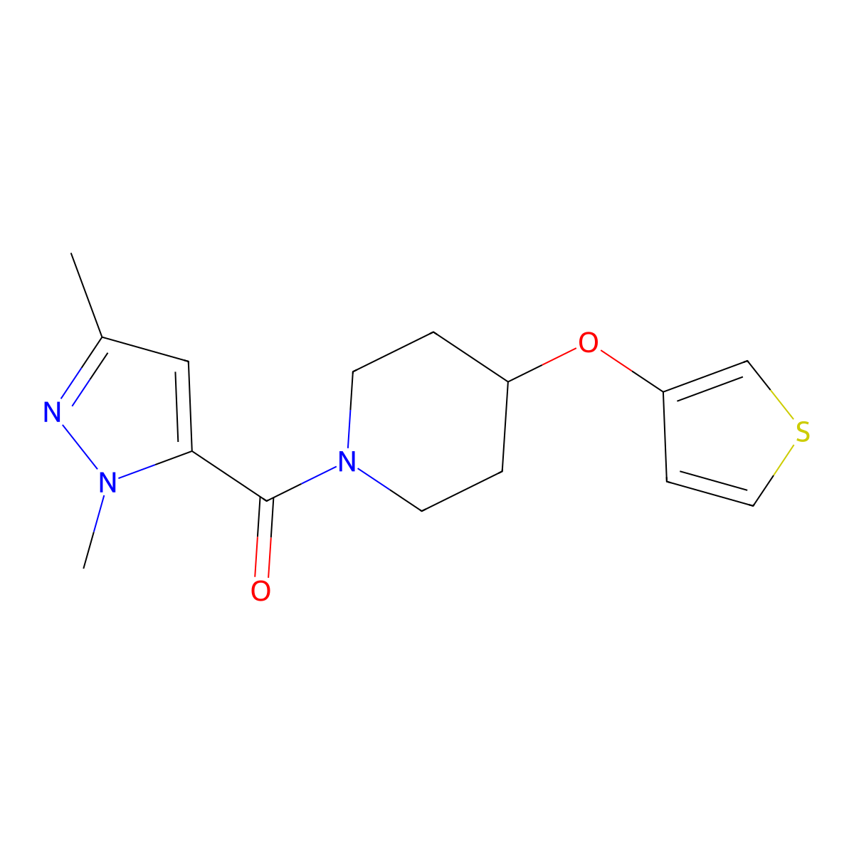 (1,3-dimethyl-1H-pyrazol-5-yl)(4-(thiophen-3-yloxy)piperidin-1-yl)methanone molecular structure, CAS 2034364-64-0