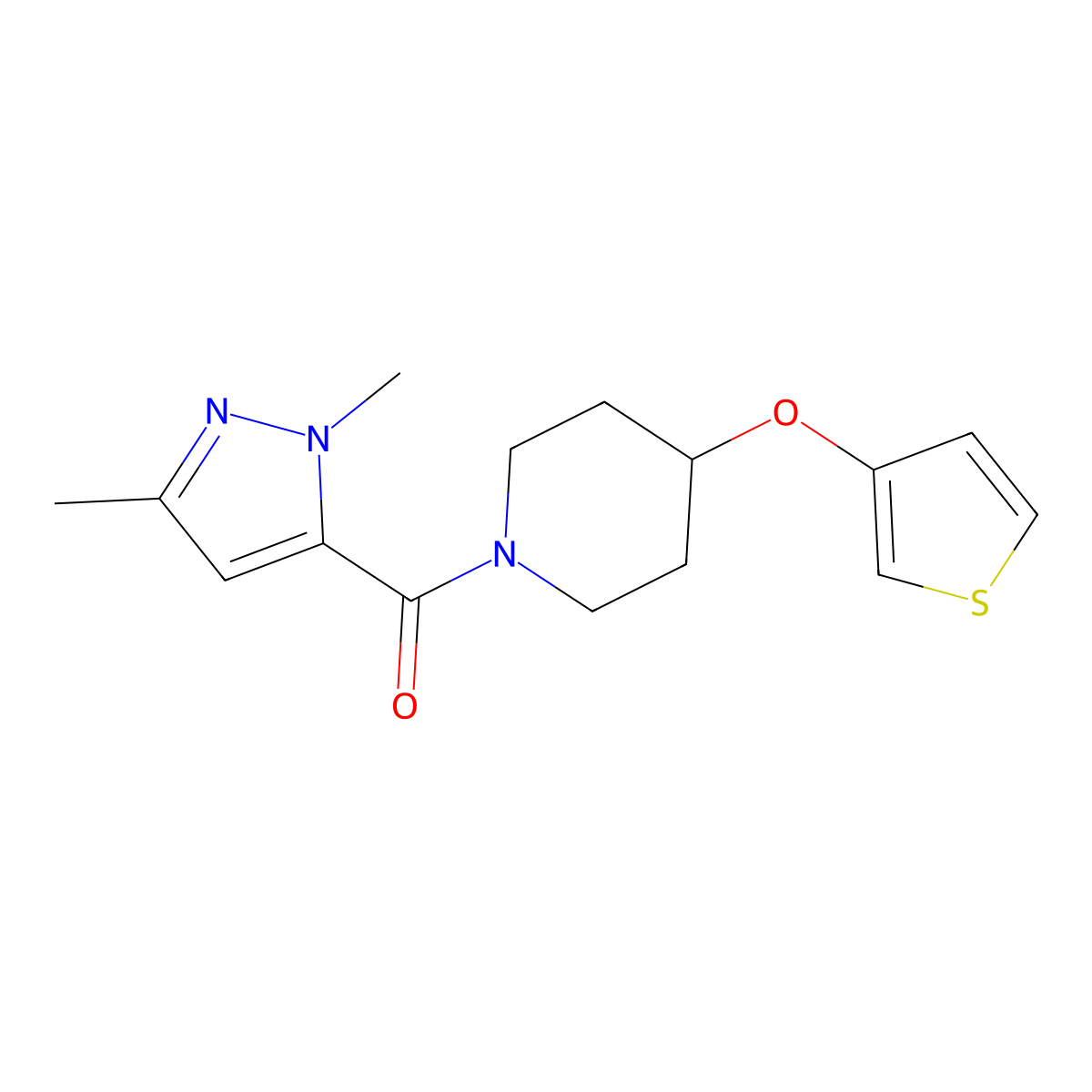 (1,3-dimethyl-1H-pyrazol-5-yl)(4-(thiophen-3-yloxy)piperidin-1-yl)methanone molecular structure, CAS 2034364-64-0