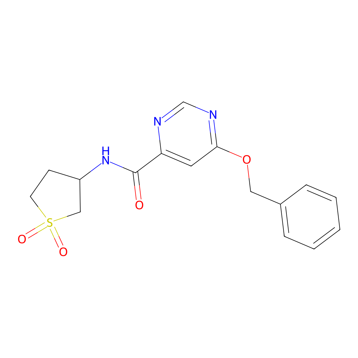 6-(benzyloxy)-N-(1,1-dioxidotetrahydrothiophen-3-yl)pyrimidine-4-carboxamide molecular structure, CAS 2034364-66-2