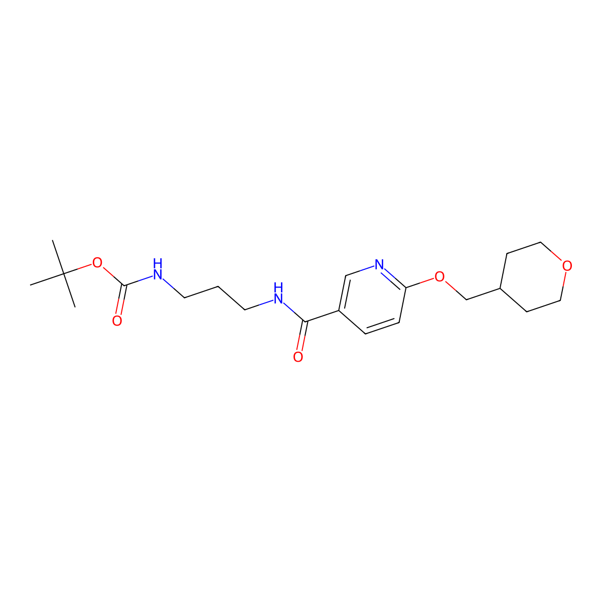 tert-butyl (3-(6-((tetrahydro-2H-pyran-4-yl)methoxy)nicotinamido)propyl)carbamate molecular structure, CAS 2034364-76-4