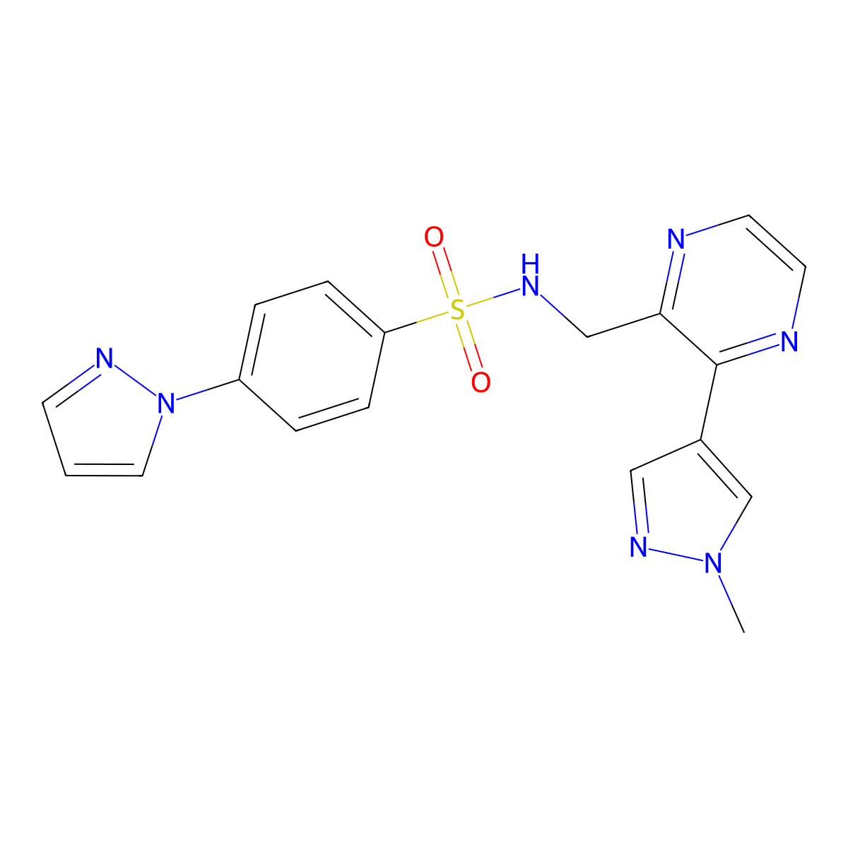 N-((3-(1-methyl-1H-pyrazol-4-yl)pyrazin-2-yl)methyl)-4-(1H-pyrazol-1-yl)benzenesulfonamide molecular structure, CAS 2034364-80-0