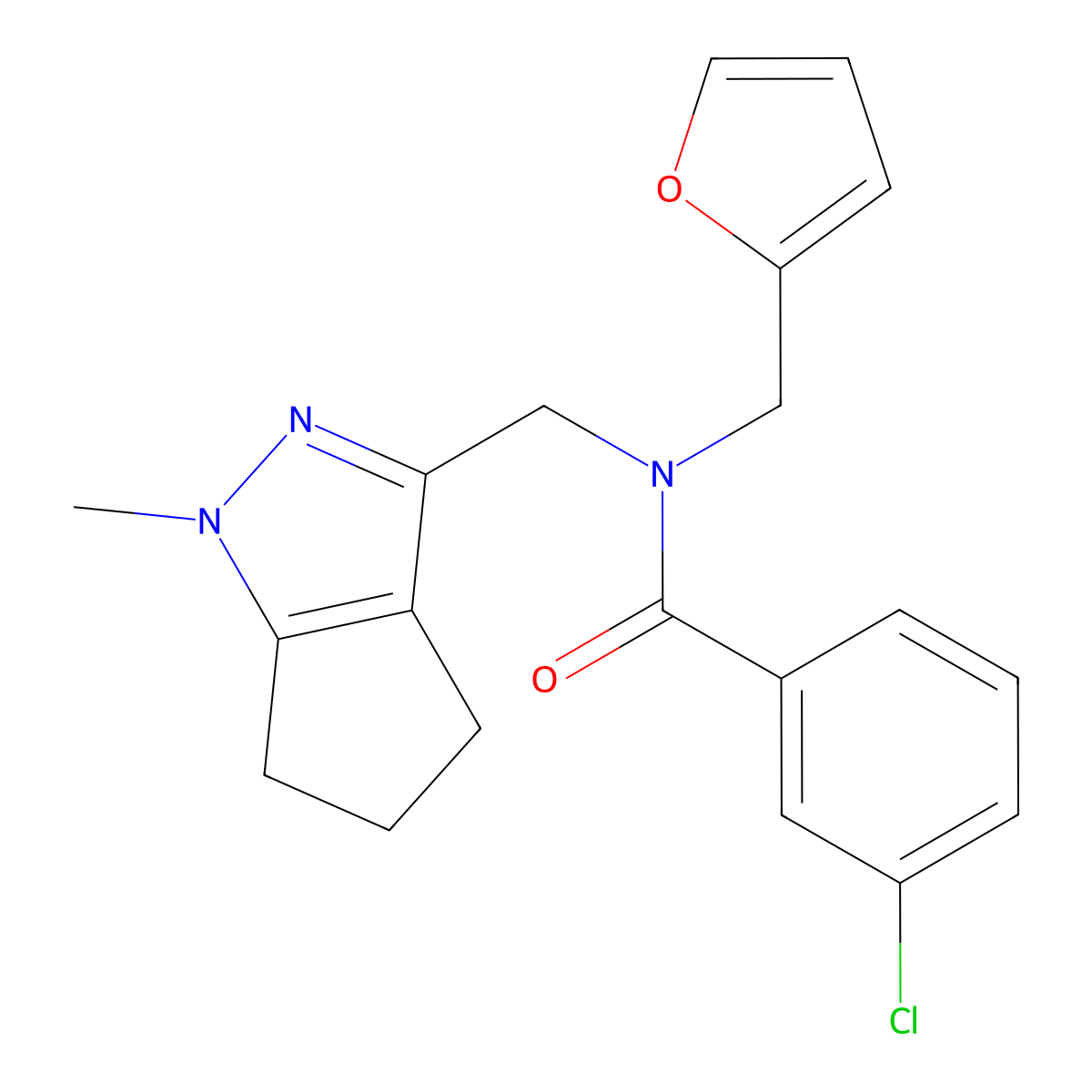 3-chloro-N-(furan-2-ylmethyl)-N-((1-methyl-1,4,5,6-tetrahydrocyclopenta[c]pyrazol-3-yl)methyl)benzamide molecular structure, CAS 2034364-81-1