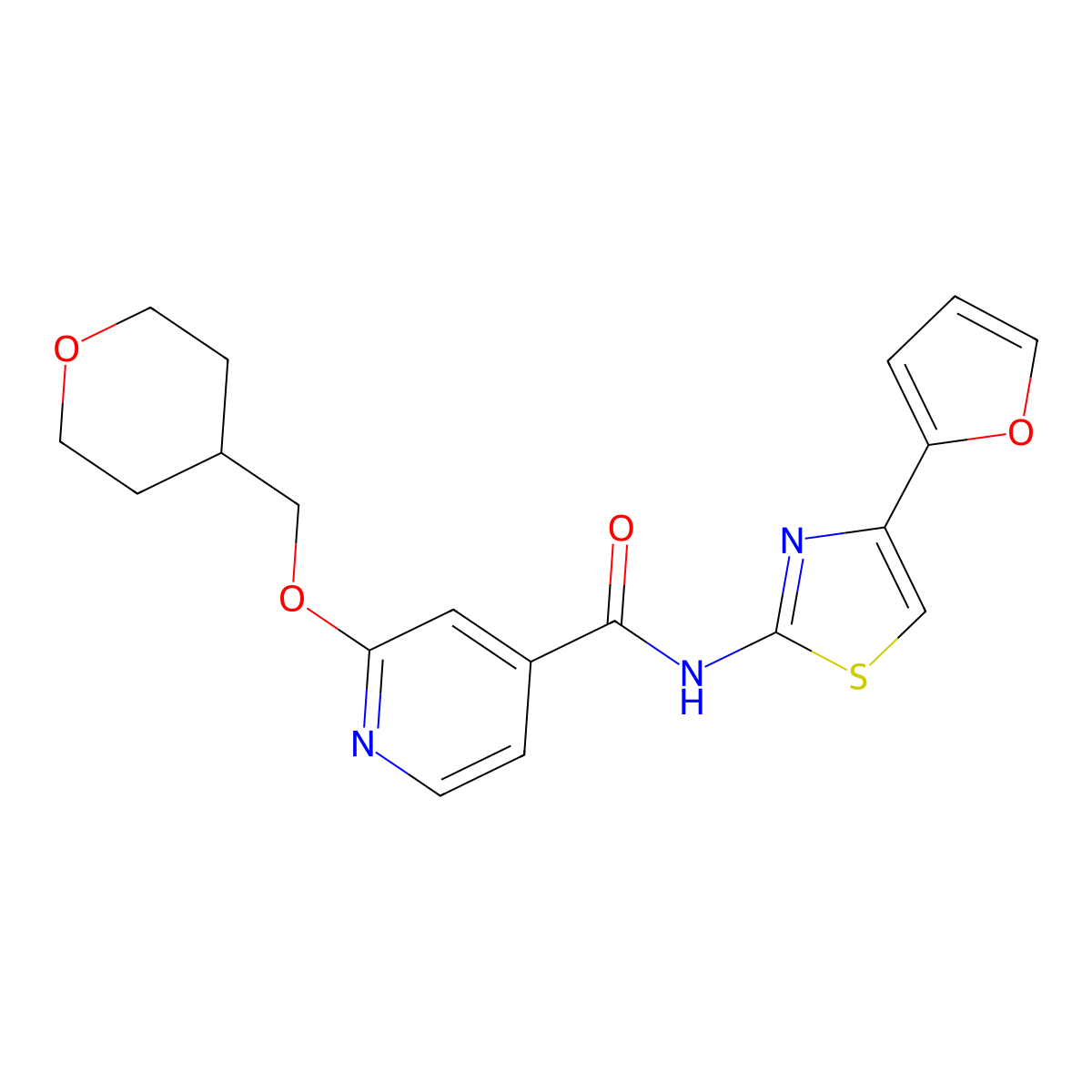 N-(4-(furan-2-yl)thiazol-2-yl)-2-((tetrahydro-2H-pyran-4-yl)methoxy)isonicotinamide molecular structure, CAS 2034364-87-7