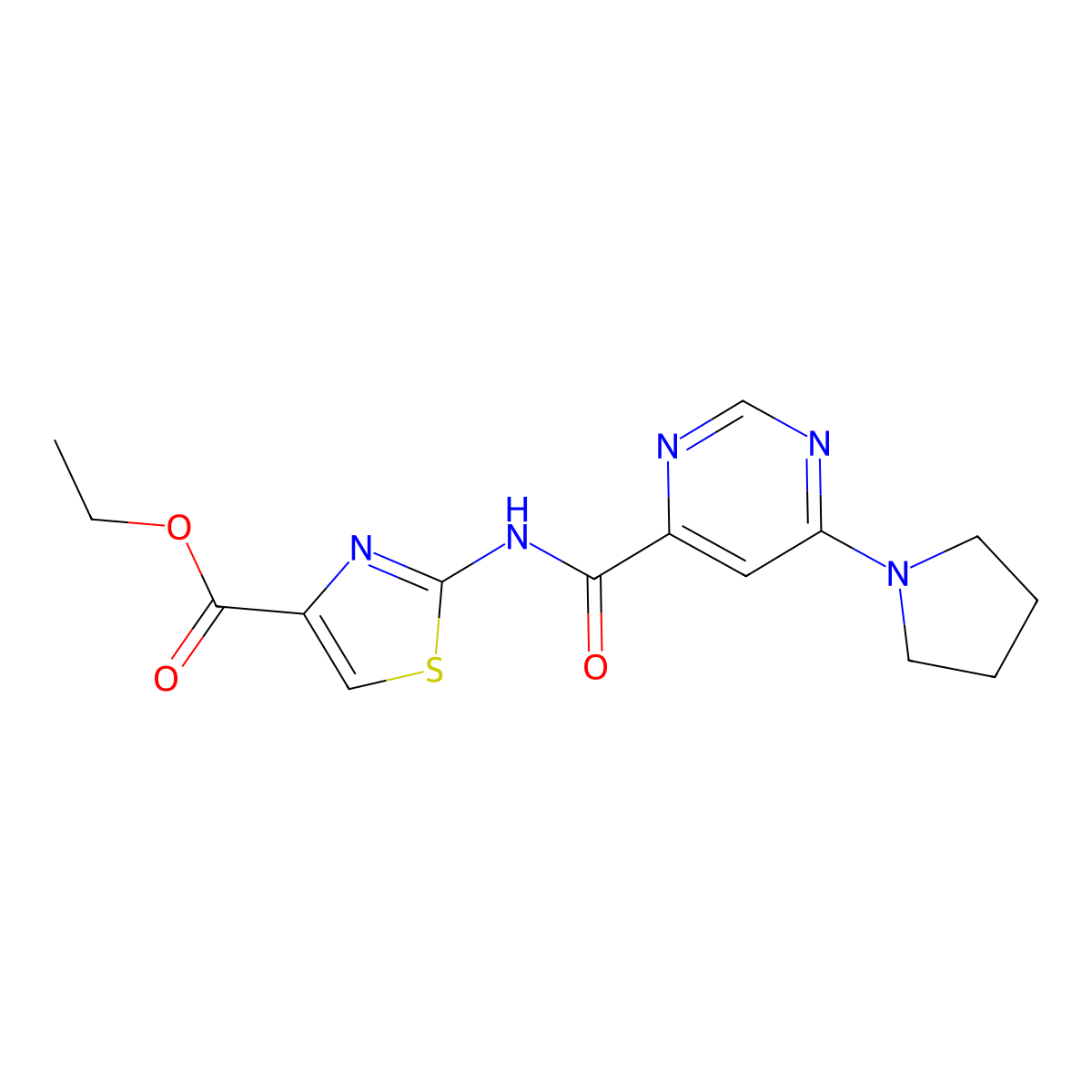 Ethyl 2-(6-(pyrrolidin-1-yl)pyrimidine-4-carboxamido)thiazole-4-carboxylate molecular structure, CAS 2034365-00-7