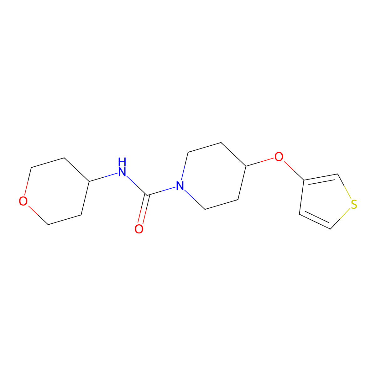 N-(tetrahydro-2H-pyran-4-yl)-4-(thiophen-3-yloxy)piperidine-1-carboxamide molecular structure, CAS 2034365-08-5