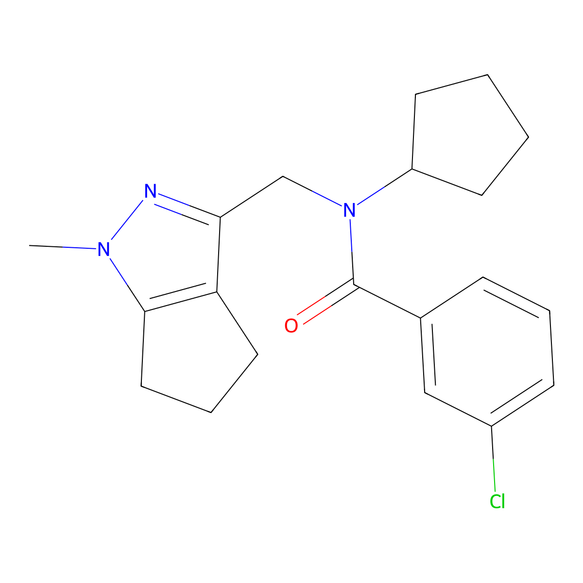 3-chloro-N-cyclopentyl-N-((1-methyl-1,4,5,6-tetrahydrocyclopenta[c]pyrazol-3-yl)methyl)benzamide molecular structure, CAS 2034365-10-9