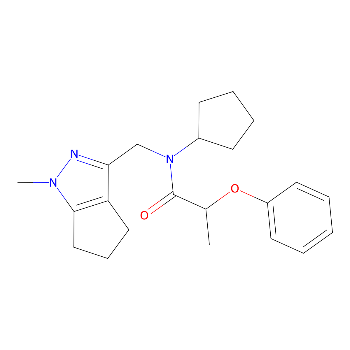 N-cyclopentyl-N-((1-methyl-1,4,5,6-tetrahydrocyclopenta[c]pyrazol-3-yl)methyl)-2-phenoxypropanamide molecular structure, CAS 2034365-20-1