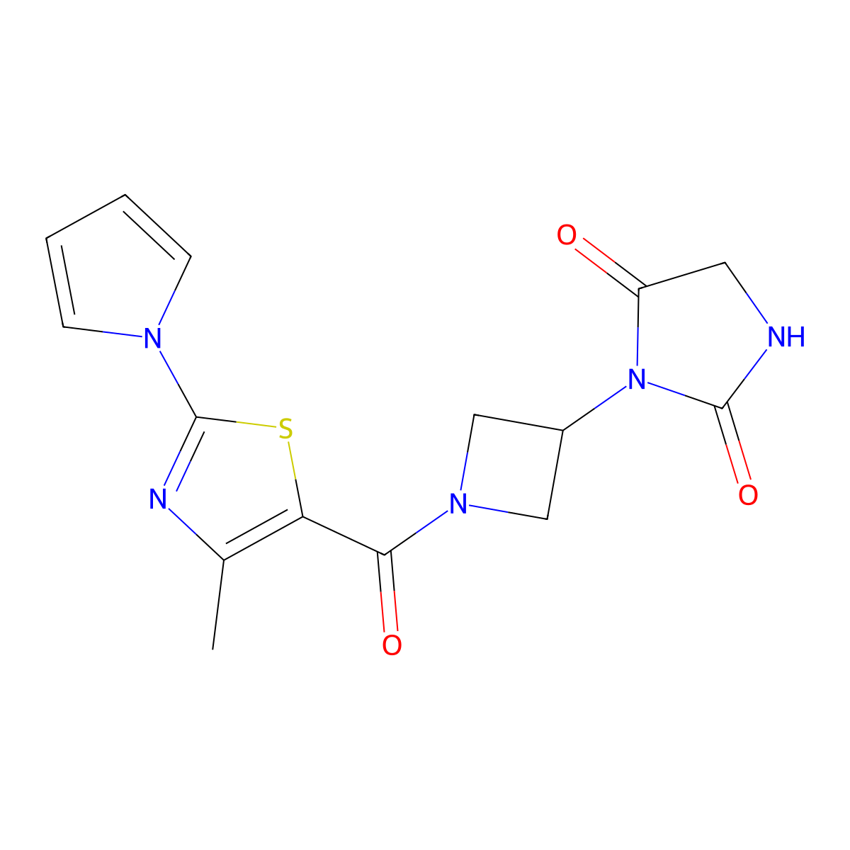 3-(1-(4-methyl-2-(1H-pyrrol-1-yl)thiazole-5-carbonyl)azetidin-3-yl)imidazolidine-2,4-dione molecular structure, CAS 2034365-22-3