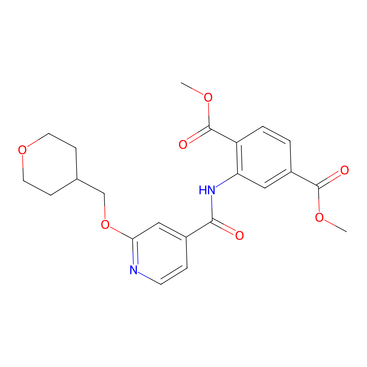 dimethyl 2-(2-((tetrahydro-2H-pyran-4-yl)methoxy)isonicotinamido)terephthalate molecular structure, CAS 2034365-28-9
