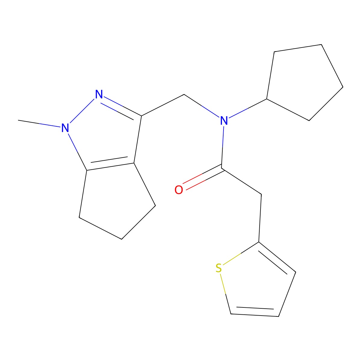 N-cyclopentyl-N-((1-methyl-1,4,5,6-tetrahydrocyclopenta[c]pyrazol-3-yl)methyl)-2-(thiophen-2-yl)acetamide molecular structure, CAS 2034365-31-4