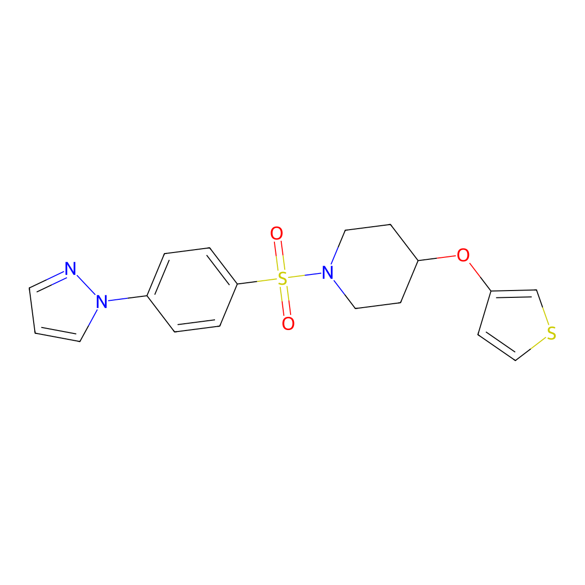 1-((4-(1H-pyrazol-1-yl)phenyl)sulfonyl)-4-(thiophen-3-yloxy)piperidine molecular structure, CAS 2034365-37-0