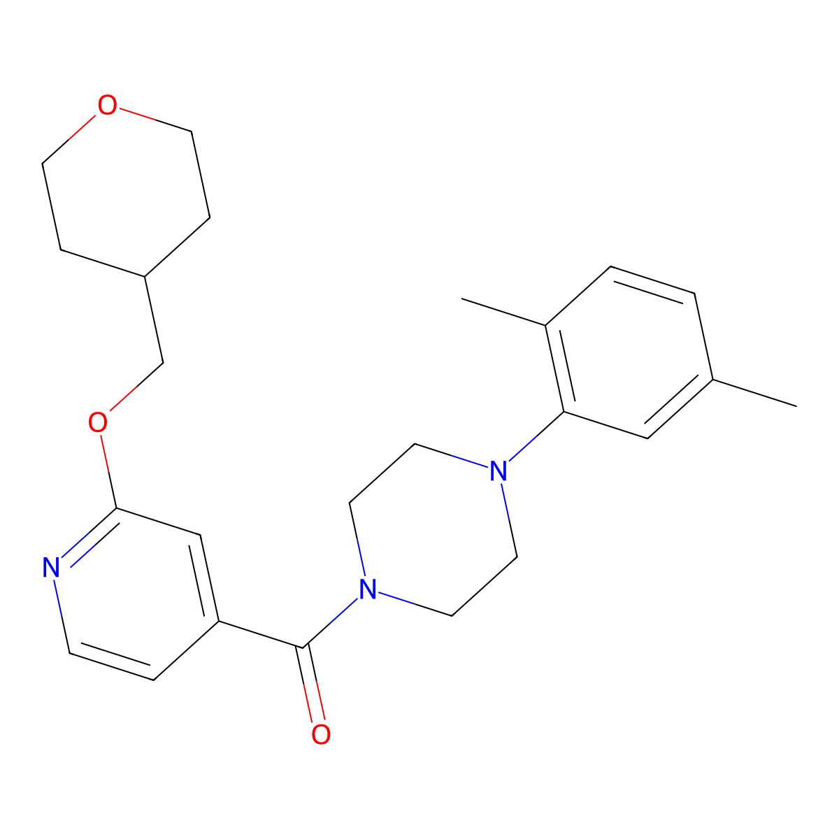 (4-(2,5-dimethylphenyl)piperazin-1-yl)(2-((tetrahydro-2H-pyran-4-yl)methoxy)pyridin-4-yl)methanone molecular structure, CAS 2034365-45-0