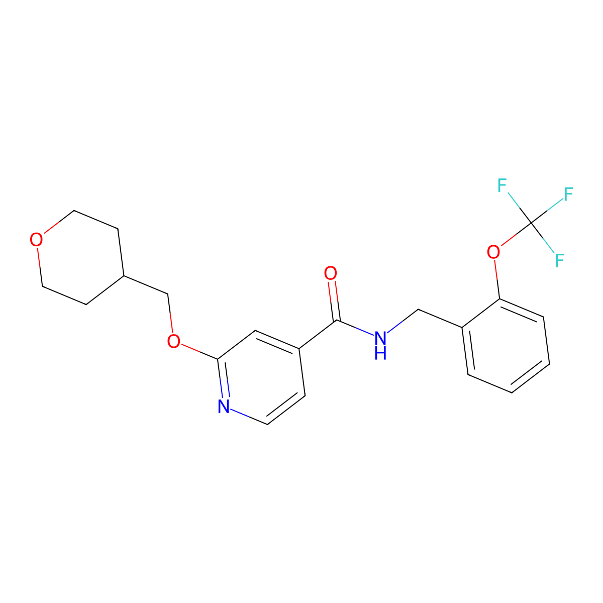 2-((tetrahydro-2H-pyran-4-yl)methoxy)-N-(2-(trifluoromethoxy)benzyl)isonicotinamide molecular structure, CAS 2034365-60-9