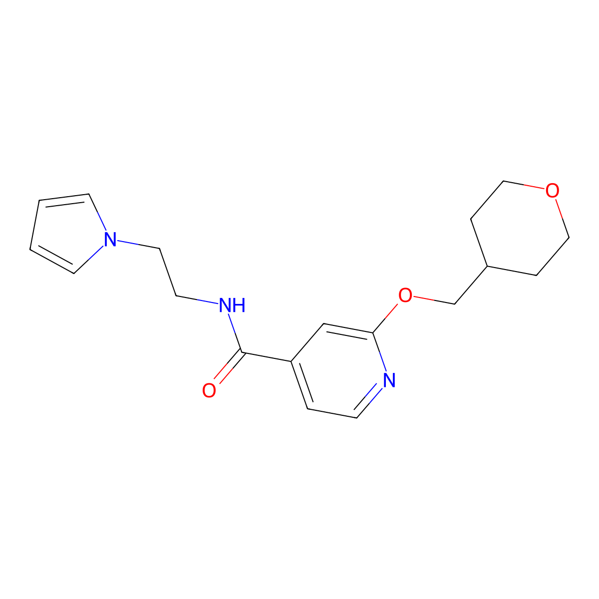 N-(2-(1H-pyrrol-1-yl)ethyl)-2-((tetrahydro-2H-pyran-4-yl)methoxy)isonicotinamide molecular structure, CAS 2034365-67-6