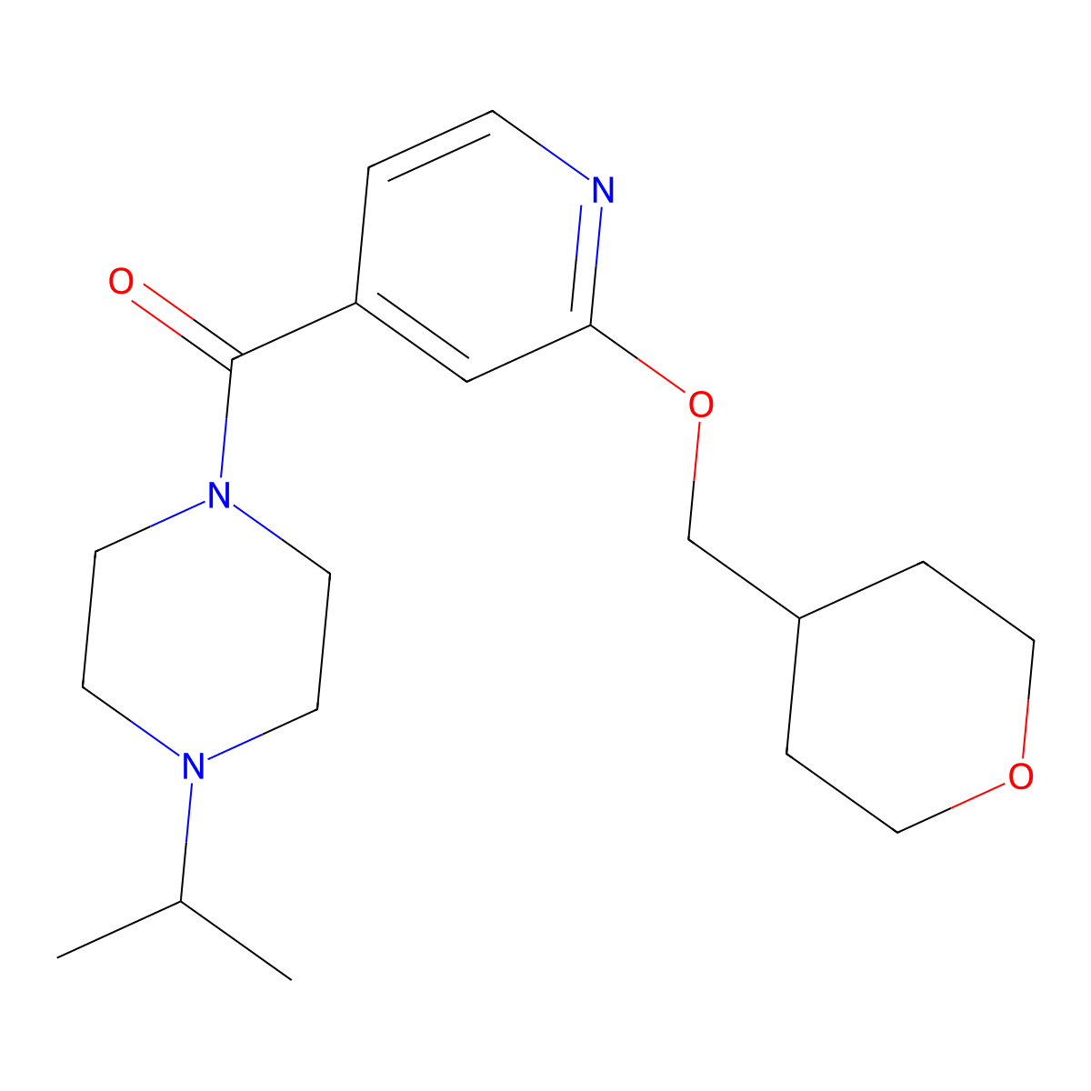 (4-isopropylpiperazin-1-yl)(2-((tetrahydro-2H-pyran-4-yl)methoxy)pyridin-4-yl)methanone molecular structure, CAS 2034365-77-8