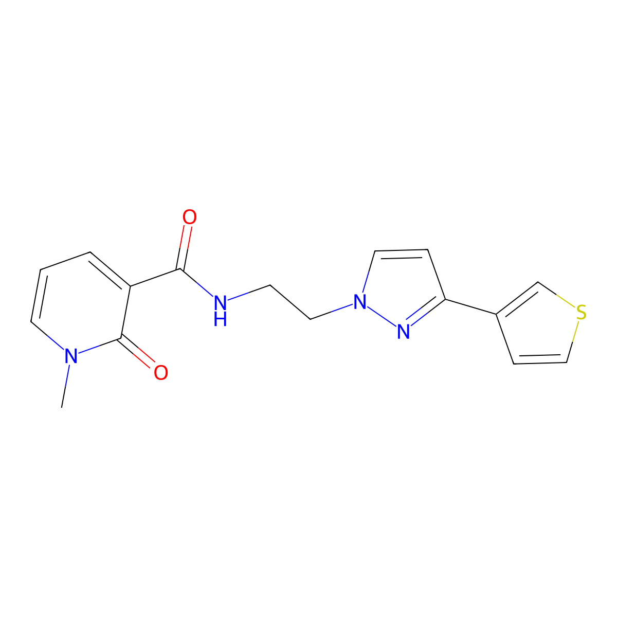 1-methyl-2-oxo-N-{2-[3-(thiophen-3-yl)-1H-pyrazol-1-yl]ethyl}-1,2-dihydropyridine-3-carboxamide molecular structure, CAS 2034365-88-1