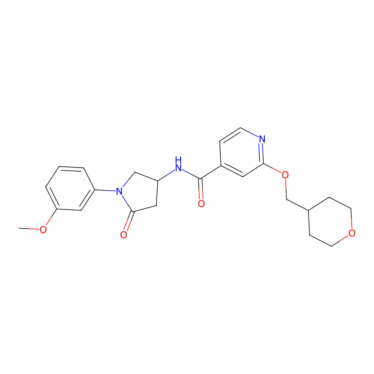 N-(1-(3-methoxyphenyl)-5-oxopyrrolidin-3-yl)-2-((tetrahydro-2H-pyran-4-yl)methoxy)isonicotinamide molecular structure, CAS 2034365-90-5