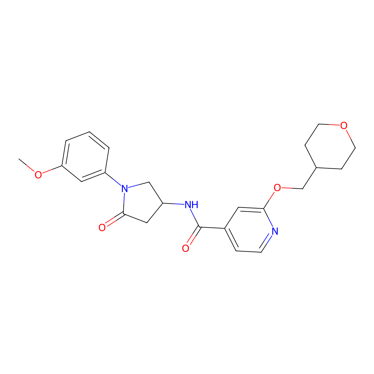 N-(1-(3-methoxyphenyl)-5-oxopyrrolidin-3-yl)-2-((tetrahydro-2H-pyran-4-yl)methoxy)isonicotinamide molecular structure, CAS 2034365-90-5