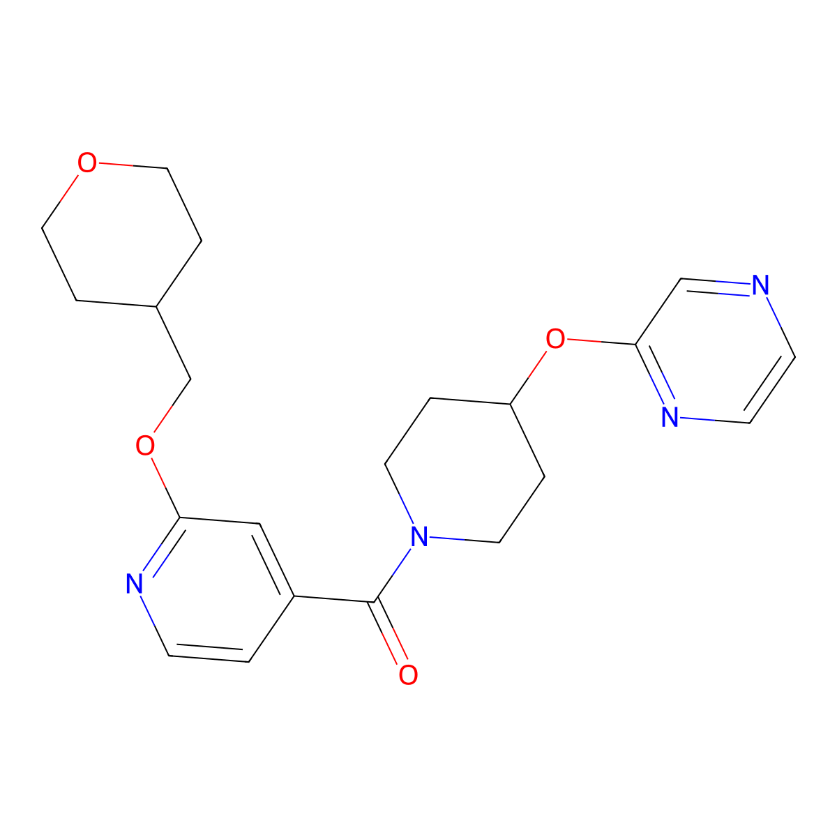 (4-(pyrazin-2-yloxy)piperidin-1-yl)(2-((tetrahydro-2H-pyran-4-yl)methoxy)pyridin-4-yl)methanone molecular structure, CAS 2034366-00-0
