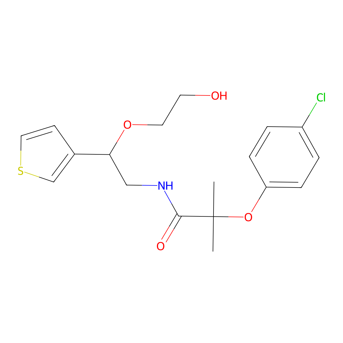 2-(4-chlorophenoxy)-N-[2-(2-hydroxyethoxy)-2-(thiophen-3-yl)ethyl]-2-methylpropanamide molecular structure, CAS 2034366-07-7