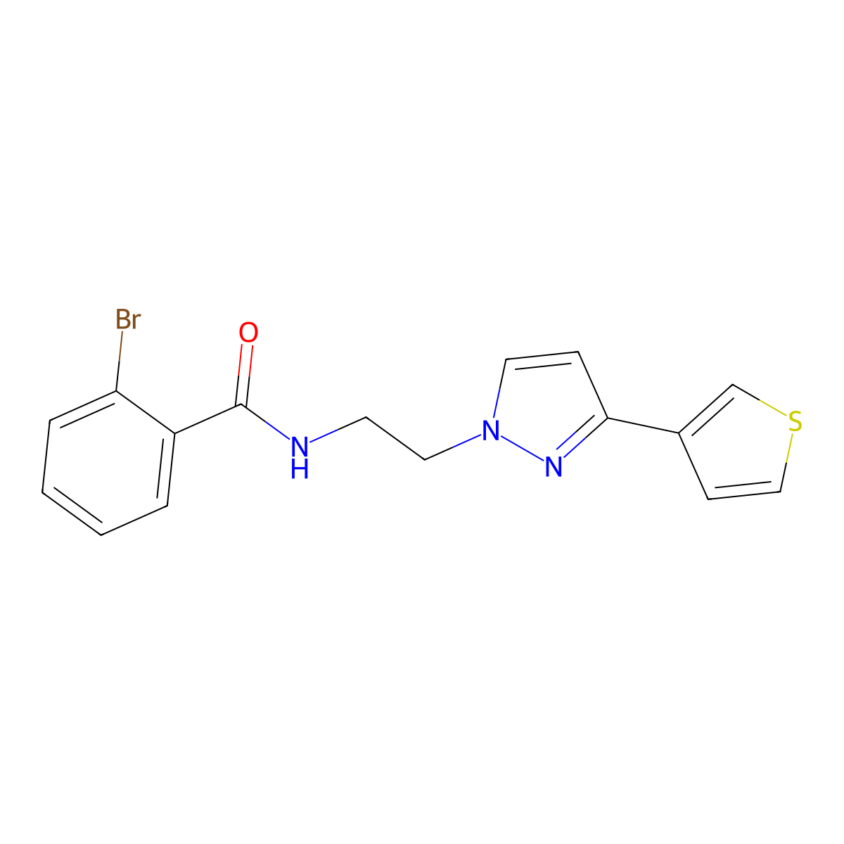 2-bromo-N-(2-(3-(thiophen-3-yl)-1H-pyrazol-1-yl)ethyl)benzamide molecular structure, CAS 2034366-09-9
